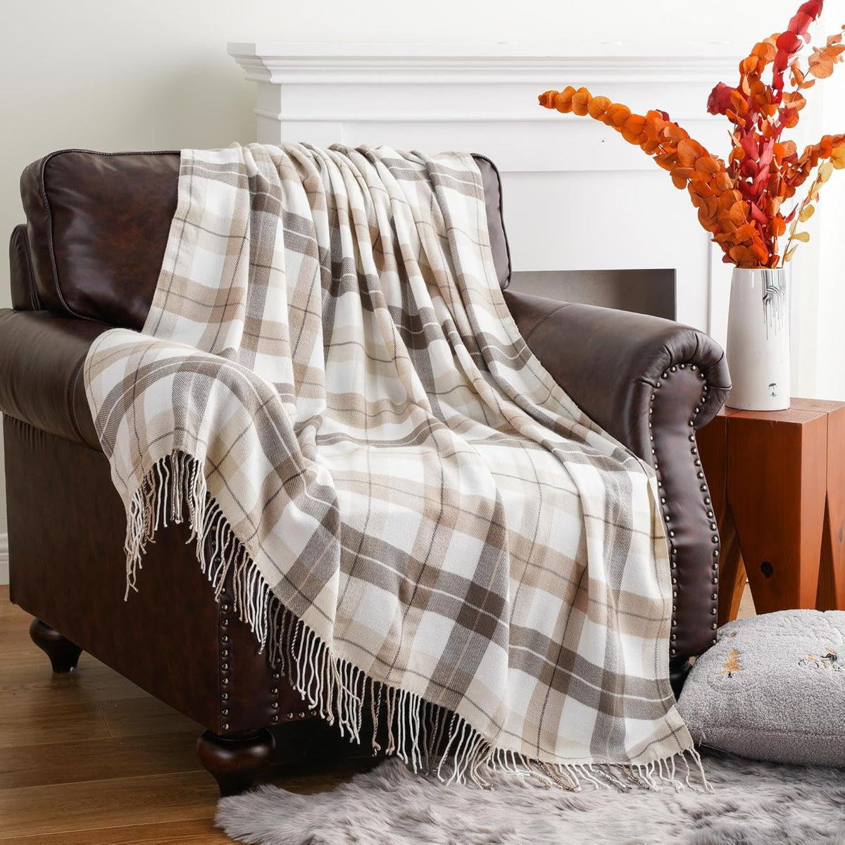 Fall Plaid Throw Blanket for Couch, Farmhouse Checkered Decor Throw, Lightweight Beige Throw Blankets for Bed Sofa Neutral Fall Decor, 50"X60"