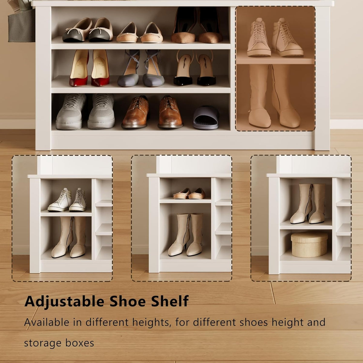 Hall Tree with Bench and Shoe Storage, 3-In-1 Entryway Hall Tree, with Adjustable Shoe Storage, for Entryway, Hallway, White