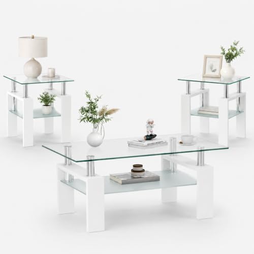 3-Piece Coffee Table Set, Glass Coffee Table with 2 End Tables