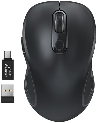 WisFox 2.4G Wireless Mouse for Laptop, Ergonomic Computer Mouse with USB Receiver and Type-C Adapter, 3 Adjustable Levels, 6 Button Cordless Wireless Mice for Windows Mac PC Notebook (Black)