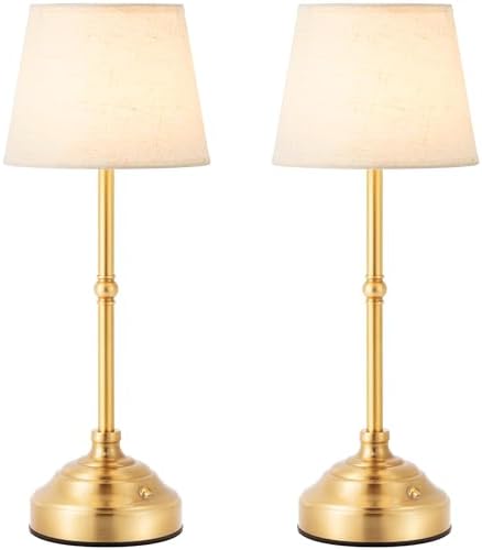 2 Pack Cordless Table Lamp, Rechargeable Desk Lamp with Fabric Shade, Battery Operated 3 Color Stepless Dimming, Small Touch Bedside Lamp Home Decor for Dining, Counter(Brushed Gold)