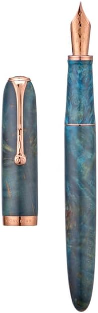 HONG DIAN A10 Stabilized Wood Fountain Pen, Extra Fine Nib Chinese Knot Carving Handcraft Pen with Magnetic Cap and Metal Case Set (Galaxy Blue)