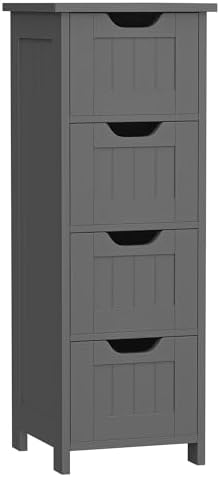Bathroom Floor Storage Cabinet, Freestanding Wooden Side Organizer w/4 Drawers & Anti-Tip Kit for Bathroom Living Room Hallway Office Study, Grey