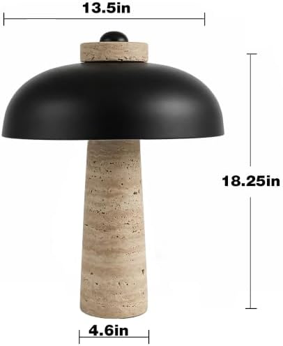 18" Travertine Table Lamp with Black Metal Shade, Marble Mid-Century Modern Black Stone Desk Lamp for Office, Large Stone Bedside Lamp for Living Room Bedroom