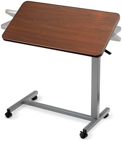 Invacare Bed Table, Height Adjustable & Tilting Overbed Table, Hospital Bedside Table, Medical Rolling Desk with Wheels, Waterproof Medical and Home Use L-Shaped Steel Base Over Bed Tray Table