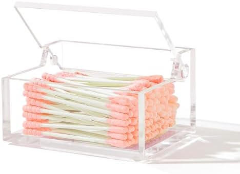 Clear Acrylic Qtip Holder with Lid, Cotton Balls Swab Organizer, 3.9" x 2.8" x 2" Dispenser for Makeup Pad, Floss Picks, Bath Salts, Cosmetic Storage Case, Home Bathroom Decor (DP051)