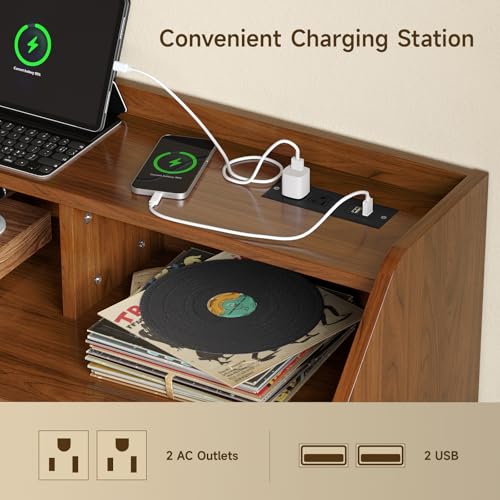 55 Inch Record Player Stand with LED Light, Walnut