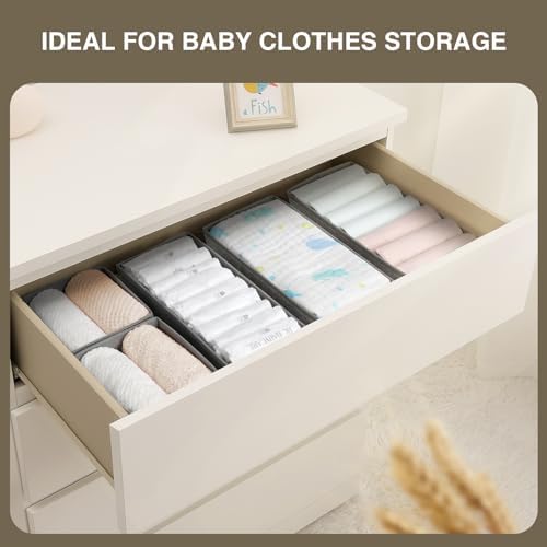 DIMJ Drawer Organizers Clothes, Set of 4 Dresser Organizer Bins, Fabric Closet Organizers and Storage, Shallow Drawer Dividers for Nursery, Clothing, Baby Clothes, Socks, Underwears, Tie (Grey)