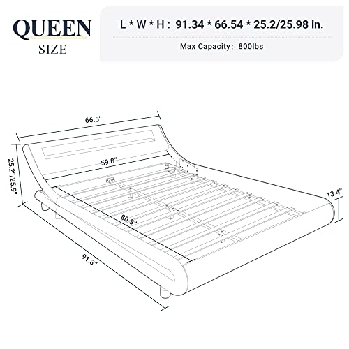 Queen Size LED Platform Bed Frame with Adjustable Headboard, Black