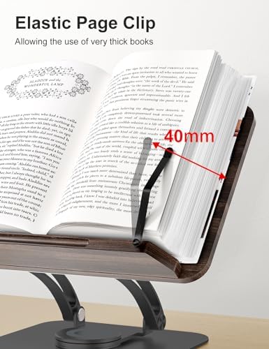 Tounee Book Stand for Reading, Adjustable Book Holder with 360° Swivel Base, Foldable Cookbook Stand Recipe Book Holder with Elastic Page Clips for Music Scores, Recipe, Tablet, Laptop-Black