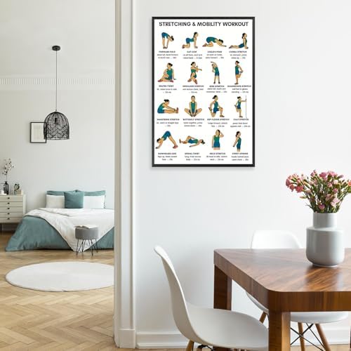 Stretching & Mobility Workout Poster, 16 Illustrated Full-Body Flexibility Chart with Hold Timing Guides, Bodyweight Daily Stretch Reference for Post-Workout Recovery & Joint Mobility Improvement(12x18inchs，Unframed)