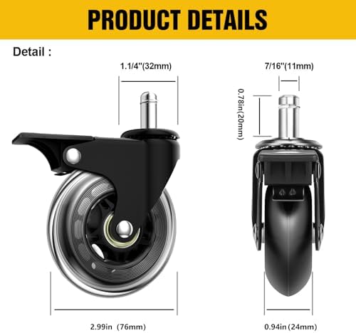 Office Chair Casters, 3" Heavy Duty Locking Wheels Universal Fit