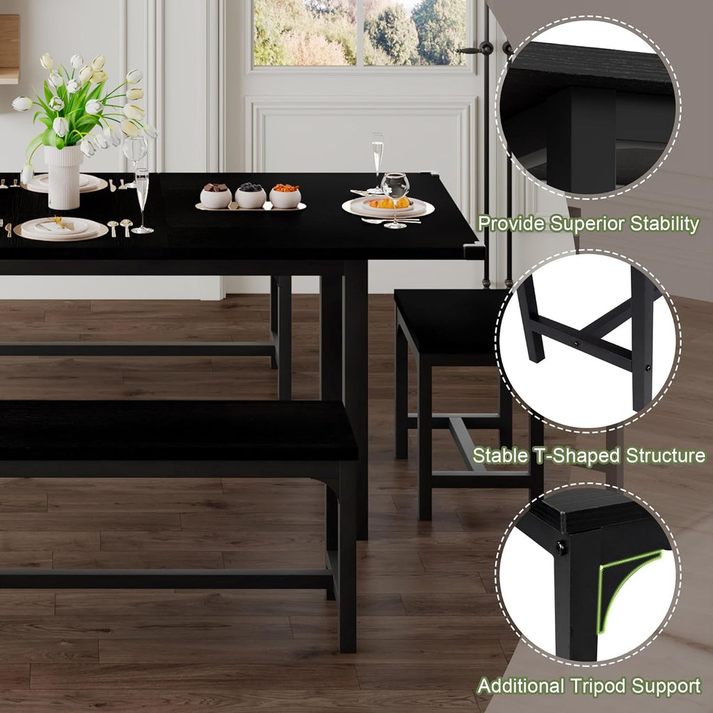 5-Piece Dining Table Set for 4-8 People, 63" Large Extendable Kitchen Table Set with 2 Benches and 2 Square Stools, Dining Room Table with MDF Wood Board, Easy Assembly, Black