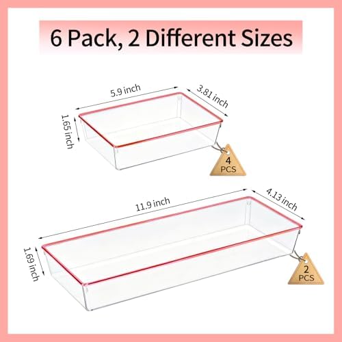 6 Pack Large Size Clear Stackable Drawer Organizer Trays, Rose Gold Rim Makeup Drawer Storage Tray Divider, Desk Storage for Makeup, Jewelry, Bathroom, Stationary, Kitchen Utensils and Office Desk