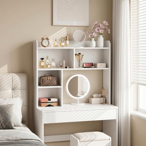 SUPER DEAL Desktop Bookshelf, Countertop Storage Hutch with 3 Shelves for Computer Desk, 2-Tier Display Rack, Multipurpose Wood Desk Hutch Storage Organizer for Home Office Dorm, White