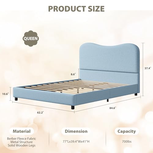 Queen Bed Frame with Boucle Fabric, Blue