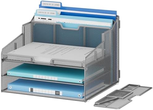 Lavatino Desk Paper File Organizer - Metal Mesh with 2 Letter Trays, 7 Flexible Dividers, 2 Vertical File Folder Holders for Office/Home/Classroom Supplies, Desk Organizers and Accessories, Silver