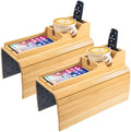Yoshiky 2 Pack Bamboo Couch Armrest Table, Couch Arm Tray with Removable Couch Cup Holder, 2 in 1 Design Foldable Anti-Slip Bamboo Couch Tray and Sofa Cup Holder for Drink