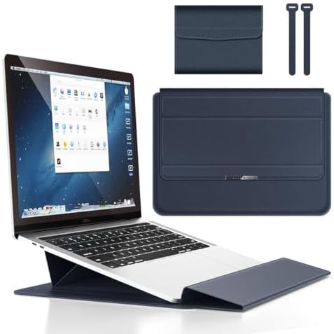 4 in 1 Ergonomic Workstation Set - Foldable Laptop Sleeve and Stand, Premium Leather Portable Computer Riser for 11-17 Inch Laptops, Waterproof Travel Organizer with Cooling Design (Blue,16-17")