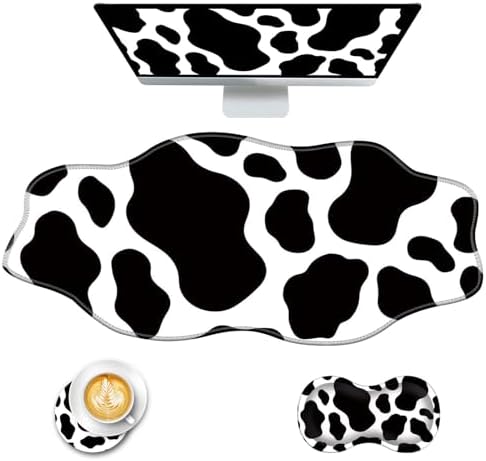 Mouse Pad with Wrist Support + Desk Mat + Coaster 3 in 1 Set, XXL Large Gaming Mousepad Ergonomic Mouse Pads for Desk Computer Laptop Office,Cow Print