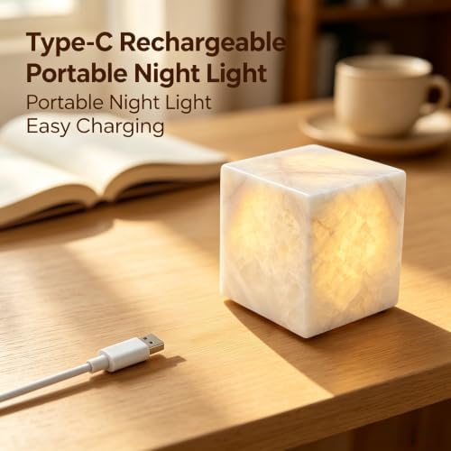 Natural Marble Lamp Cordless Pat Control Night Light Rechargeable Small Marble Table Lamp, Dimming Warm Glow Portable Stone Touch Lamp for Bedroom, Living Room, Decor Gift (Cube-Crystal)