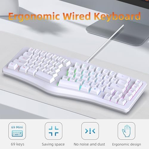 Yunseity Ergonomic Split Keyboard, Wired 69 Key with 18 Modes RGB Backlit Keyboard for Computer, Comfortable Keycaps, Shared Spaces, Split Design for Comfort Typing (White)