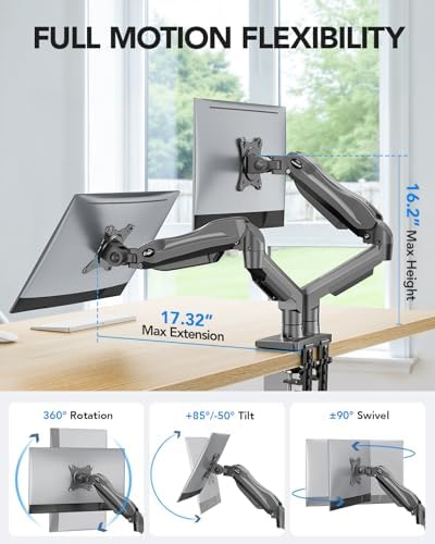 HUANUO Dual Monitor Stand, Fully Adjustable Monitor Desk Mount for 13–32″ Computer Screens, Full Motion VESA 75x75/100x100 with C-Clamp & Grommet Base, Each Arm Holds 4.4 to 19.8 lbs -Grey