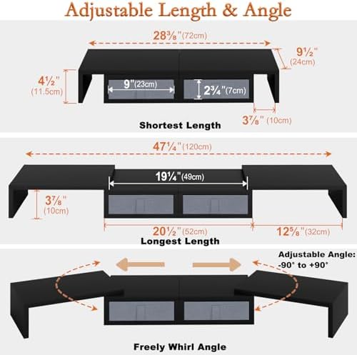 TEAMIX Wood Dual Monitor Stand Riser with Drawers-Length and Angle Adjustable Triple Monitor Stand with Storage Large Computer Riser for 2/3 Monitors/Laptops/PC/Printers