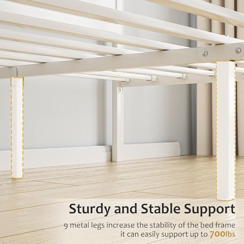 Queen Size Bed Frame with Headboard, Heavy-Duty Metal Platform Bedframe & Wood-Grain Finish Board, No Box Spring Needed, Easy Assembly, White