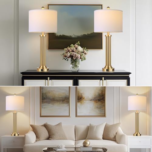 28" Tall Modern Table Lamp with USB C+A Ports and AC Outlet, 3 Way Touch Metal Bedside Lamps for Bedroom, Gold Nightstand Lamps for Living Room