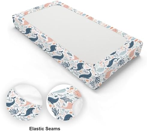Cartoon Sea Animals Fishes Pattern Baby Changing Pad Cover, Unisex Ocean Whale Nursery Diaper Changing Table Pad Mat Sheet for Boys Girls-16x32