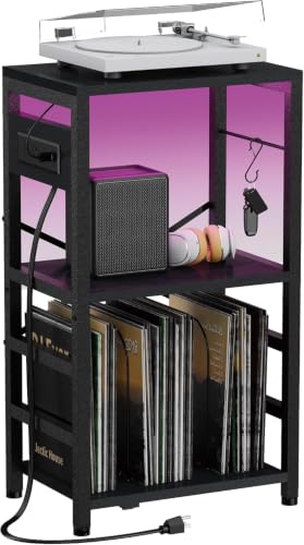 End Table with LED Light, Record Player Stand with Charging Station