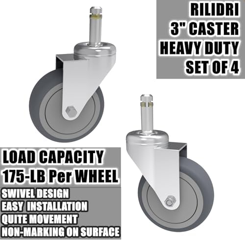 RILIDRI 3-Inch Swivel Stem Caster, 7/16-Inch Stem Diameter Rubber Wheel, Heavy Duty TPR Replacement Wheels for Rubbermaid Mop Bucket Cart Grill Casters - 4 Pack