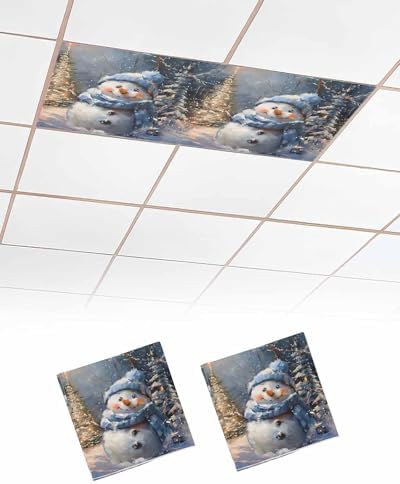Blue Snowman Magnetic Fluorescent Light Covers for Ceiling Lights 2 x 4 Feet,Christmas Tree Shabby Chic Forest Painting Office Classroom Kitchen Drop Ceiling Light Covers Filters Shade Panel 2 Packs