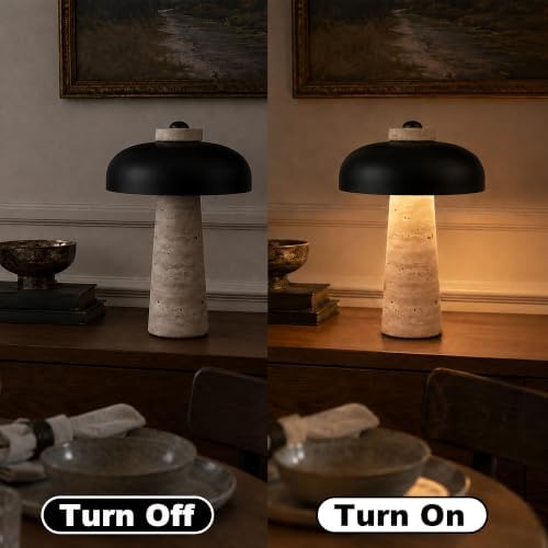 18" Travertine Table Lamp with Black Metal Shade, Marble Mid-Century Modern Black Stone Desk Lamp for Office, Large Stone Bedside Lamp for Living Room Bedroom
