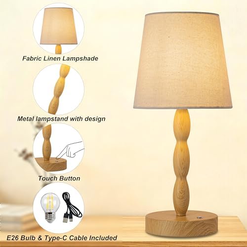 CASTLELIFE Rechargeable Cordless Table Lamp, 5000mAh Battery Powered Touch Desk Lamp, 3-Level & Stepless Dimmable Night Light, Portable Bedside Lamp for Bedroom, Outdoor, Bulb Included, Wood Grain