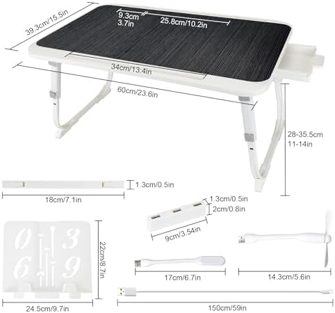 Laptop Desk for Bed, Adjustable Height Laptop Bed Table, Foldable Lap Desk with USB Charge Port, Desktop Card Slot, Side Drawer, Book Shelf, Portable Lap Tray for Eating Reading Working Sofa & Floor