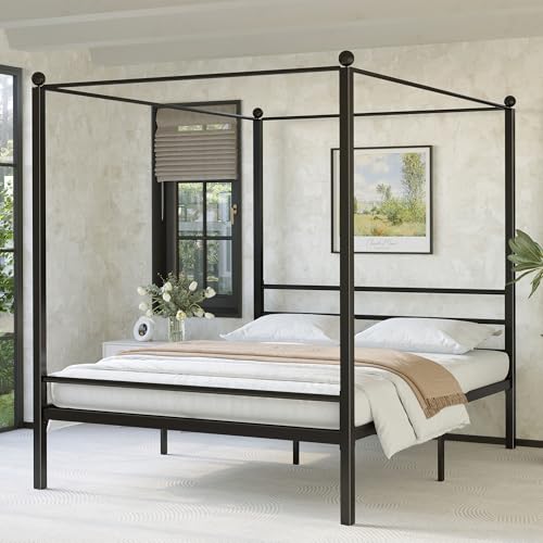 King Size Canopy Bed Frame, Four Poster Metal Frame, Black
