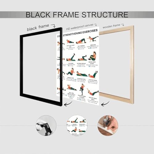 Core Strengthening Workout Poster, 16 Illustrated Abdominal Training Chart with Timing & Rep Guides, Bodyweight Abs & Obliques Exercise Reference for Home Gym Beginner Core Stability Fitness Routine(24x36inchs，Black Framed)