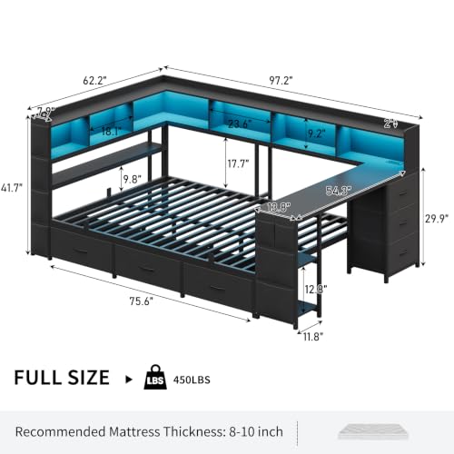 Full Corner Bed Frame with Bookcase Headboard and Hidden Storage, Black