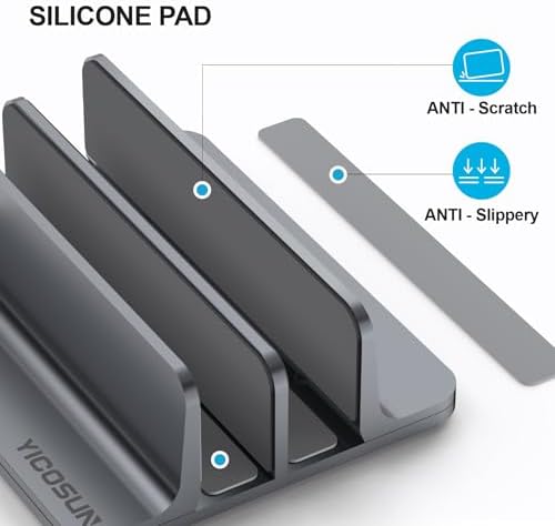 YICOSUN Dual-Slot Aluminum Vertical Laptop Stand for Desk - Adjustable Width Dock for MacBook, Surface, Samsung, HP, Dell up to 17.3 inches - Space-Saving & Protective Design - Gray