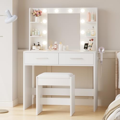 Vanity Desk with Mirror, Makeup Table, Matte White