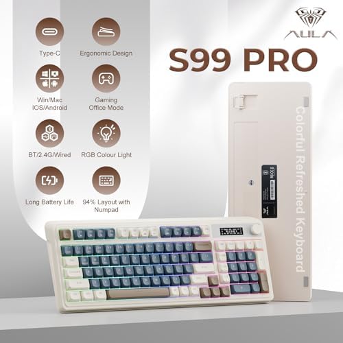 AULA S99 Pro Wireless Keyboard, Gaming Keyboards Media Knob Custom RGB Backlit, 3-Modes BT/2.4G/USB-C Membrane Cute Creamy Keyboard for Windows/MAC/PC Gamer - Blue White