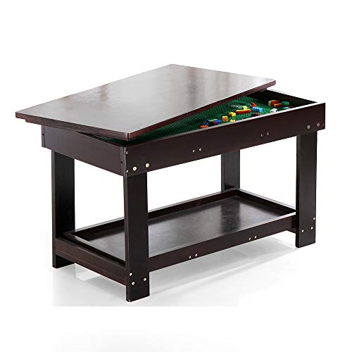 Kids Activity Table with Board for Bricks Activity Play Table (Dark Brown)
