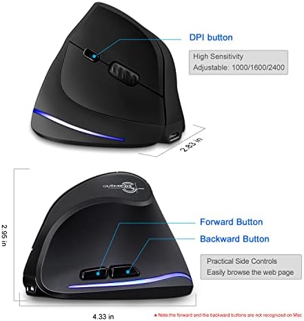TRELC Ergonomic Mouse, 2.4G Wireless Vertical Optical Mouse with Adjustable Sensitivity (1000/1600/2400 DPI), 6 Buttons for PC, Desktop, Laptop, Notebook (Black)