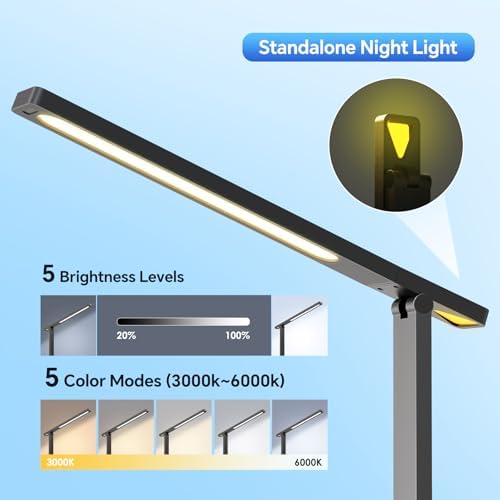 LAOPAO Desk Lamp with USB Charging Port: Power Strip with Surge Protection - 1 Type-C, 1 USB-A Charging Port, 2 AC Power Outlets, Desk Lamps for Home Office College Dorm Room Essentials
