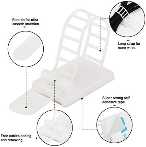 50Pcs Adhesive Cable Management Clips with 50Pcs Zip Ties, Adjustable Nylon Cable Strap Ties Wire Clips Clamps Organizer, Extra Screw & Hole - 3.35 Inch White