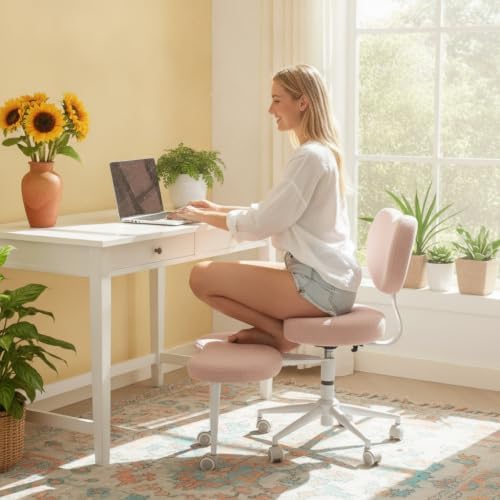 Ergonomic ADHD Criss Cross Legged Office Desk Chair - Meditation Kneeling Yoga Chair Adjustable Height with Wheels Lumbar Support, 360° Swivel Wider Footrest for Home Work, Pink
