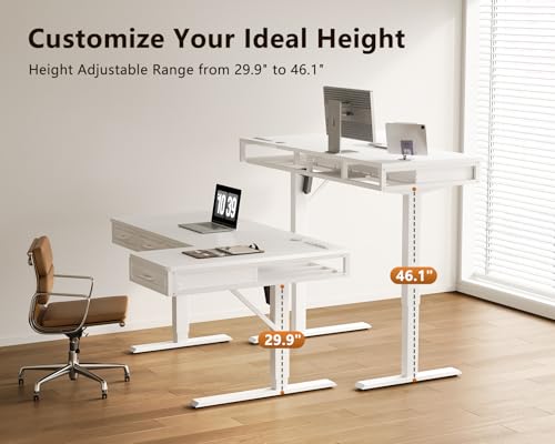 55 Inch L Shaped Standing Desk with 4 Wooden Drawers, White