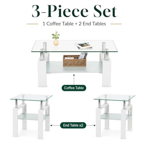 3-Piece Coffee Table Set, Glass Coffee Table with 2 End Tables